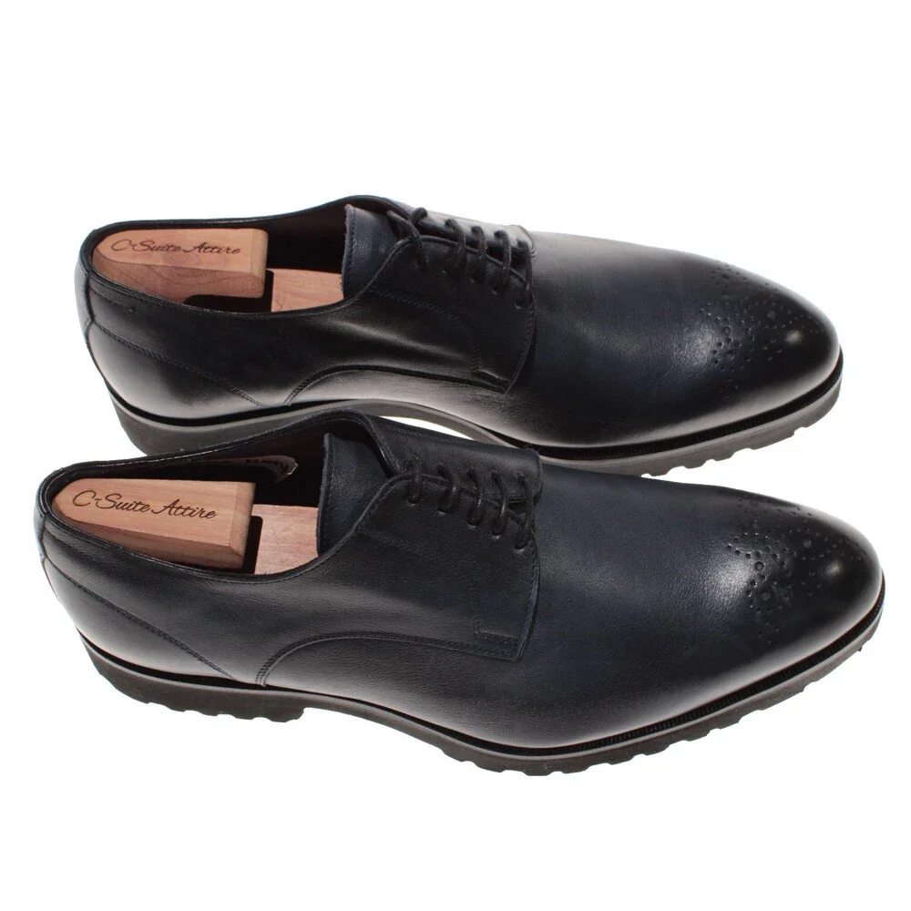 Di Bianco NWD Lace Up Derby Dress Shoes Size 42 (US 9) in Navy Blue Leather